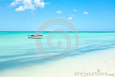 Little fishing boat in the caribbean sea on Aruba island Stock Photo