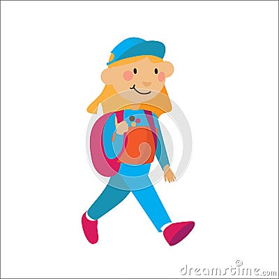 Little flat girl with rucksuck walking isolated on background. Vector character illustration in bright colors. Cartoon Illustration