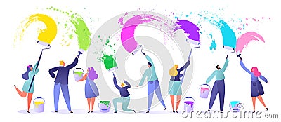 Little, flat, people characters paints with brushes and paint rollers big white wall, They use bright colors, make bold expressive Vector Illustration