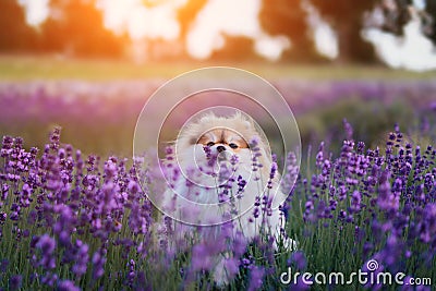 Little fluffy pomeranian dog in a hot summer with lavender field Stock Photo