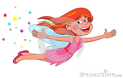 Little flying fairy in a pink dress Vector Illustration