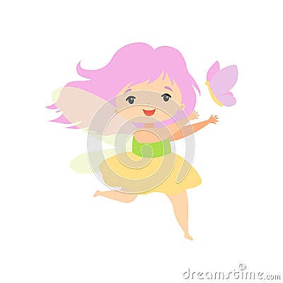 Little Forest Fairy Flying with Butterfly, Lovely Fairy Girl Cartoon Character Vector Illustration Vector Illustration