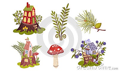 Little Forest Fairy Houses and Botany with Mushroom and Branches Vector Set Vector Illustration