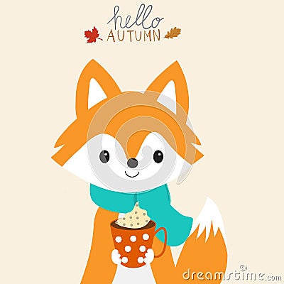 Little fox with a cup of warm milk autumn season.illustration EPS 10. Vector Illustration