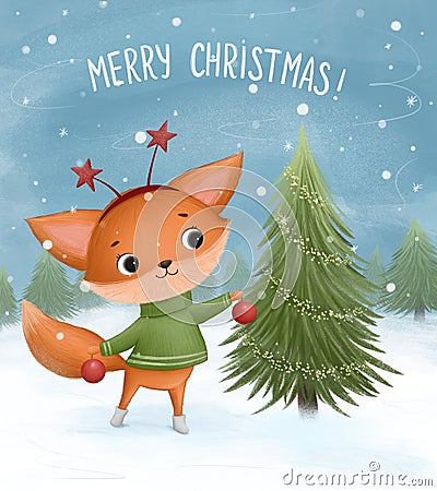 Little fox decorates a Christmas tree Cartoon Illustration