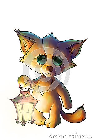 Little fox with lantern in the forest Stock Photo