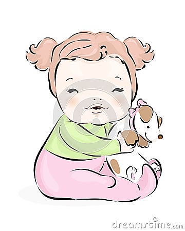 Little friends: baby girl with puppy Vector Illustration