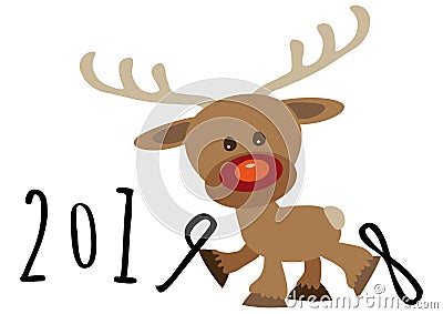 Little funny baby cartoon reindeer supporting number nine in numeric year and kicking number eight Vector Illustration