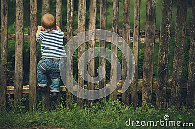 Little funny boy with fence Stock Photo