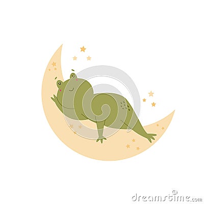 Little funny frog sleeping on the moon. Adorable animal vector design, illustration Vector Illustration