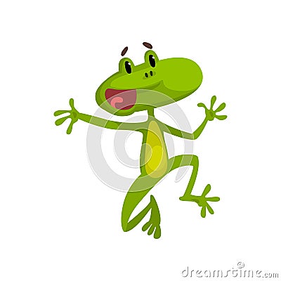 Little funny jumping frog, green cute amfibian animal cartoon character vector Illustration on a white background Vector Illustration