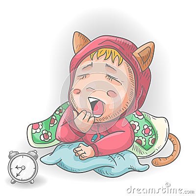 A little funny man Chibi in clothes yawns lying on a pillow under a blanket colored contour vector illustration in the style of a Vector Illustration