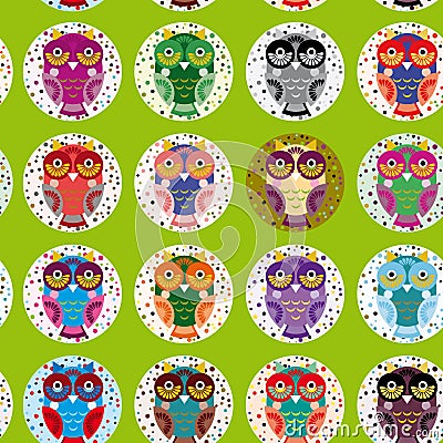 Little funny owls on green background. seamless pattern Vector Vector Illustration