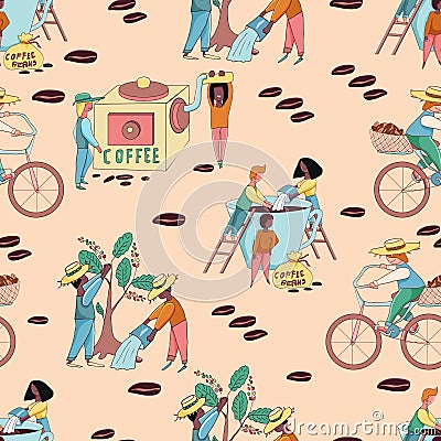 Little funny stylized characters make espresso with cream and harves coffee and water coffee tree .Vector seamless pattern Vector Illustration