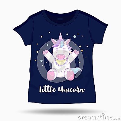 Little funny unicorn illustration on T Shirt kids template Vector Illustration