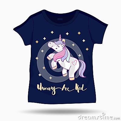 Little funny unicorn illustration on T Shirt kids template Vector Illustration