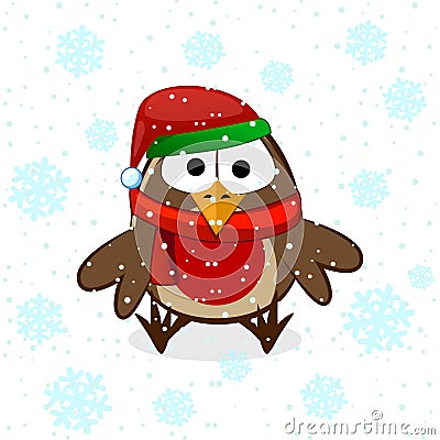 Little funy bullfinch in New Years cap and snow. Vector flat illustration Vector Illustration