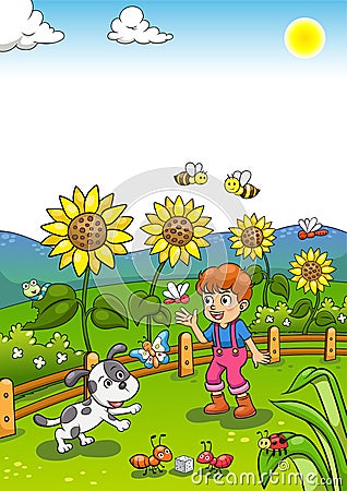 Little Gardener Boy with Sunflower and his Dog. Vector Illustration