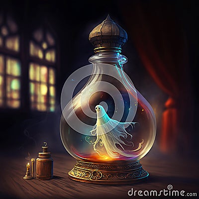 A little ghost is trapped inside a glass jar Cartoon Illustration