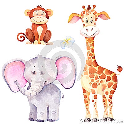 Little giraffe, elephant and monkey. African cartoon animal cubs. Cartoon Illustration