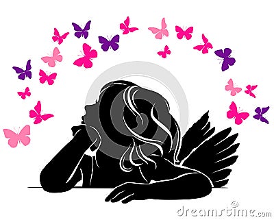 Little girl angel and Butterflies Vector Illustration