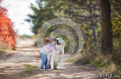 Little girl in autumn Park on a walk with a beautiful dog Stock Photo