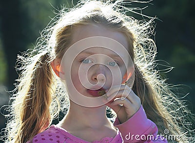 A Little Girl with Backlit Hair Eating a Cookie Stock Photo