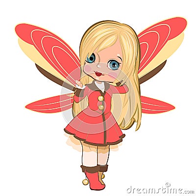 Little girl in a beautiful dress with butterfly wings. Flirts. Beautiful fashionable fairy child. The isolated object on Vector Illustration