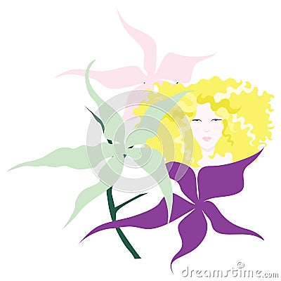 A Little Girl Behind Lily-like Flowers Vector Illustration