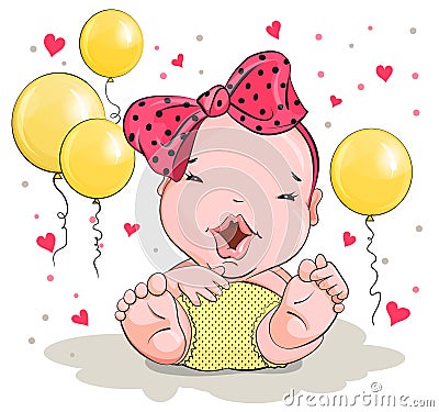 Little girl with big bow and balloons Vector Illustration