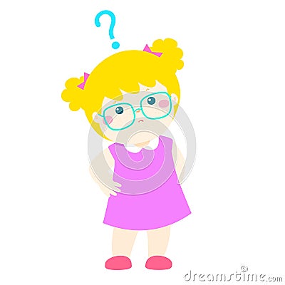 Little girl blonde hair wear glasses wondering cartoon character Vector Illustration