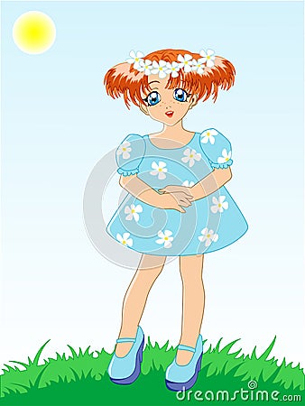 Little girl in blue dress Vector Illustration