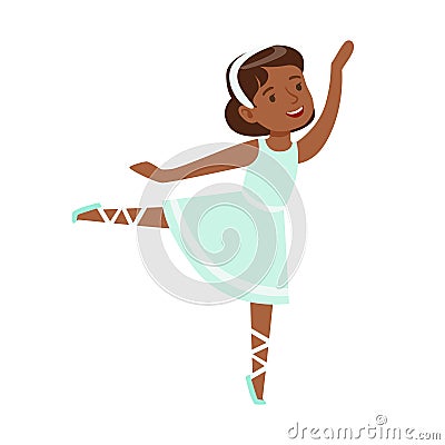 Little Girl In Blue Dress Dancing Ballet In Classic Dance Class, Future Professional Ballerina Dancer Vector Illustration