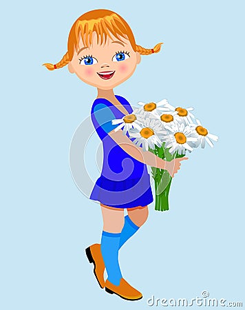 Little girl with a bouquet of camomile Vector Illustration