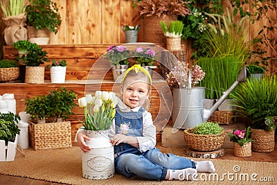 Little girl with a bouquet of white tulips sits on porch of a wooden house, around green houseplants and flowers. Childhood concep Stock Photo