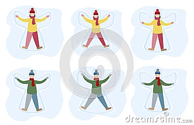 Little girl and boy enjoy first snowfall. Kids making snow angel cartoon illustration. Cartoon Illustration