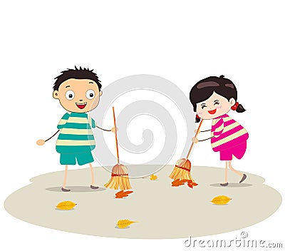 Little girl and boy sweeping Vector Illustration