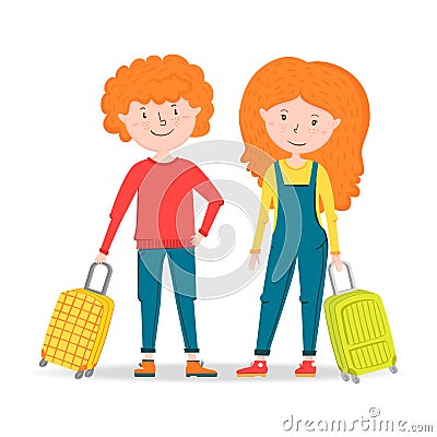 Little girl and boy traveler stands, holding a suitcase on wheels. Ready to travel red hair teenager young couple Vector Illustration