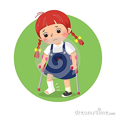 Little girl with broken leg bandage cast walking using crutches. Health Problems concept Vector Illustration