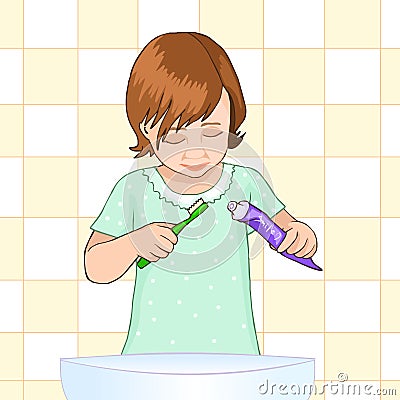 Little girl brushing her teeth. Caring for teeth. Child Health. Vector Illustration