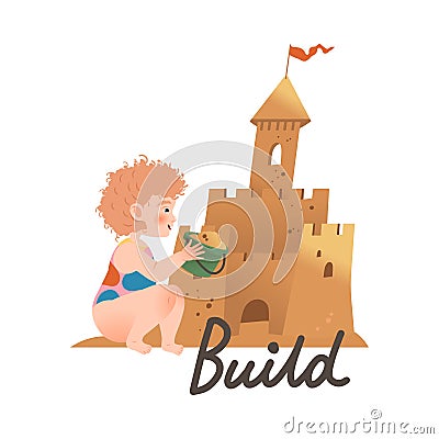 Little Girl Building Sand Castle as Verb Expressing Action for Kids Education Vector Illustration Vector Illustration