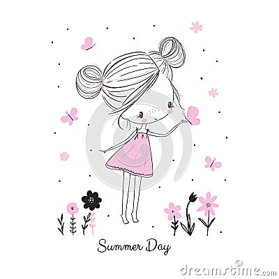 Little girl with butterflies and flowers. Doodle drawing vector illustration Vector Illustration