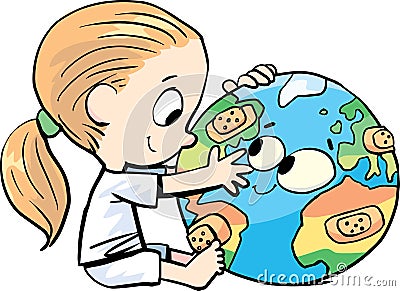 little girl cares for planet earth Vector Illustration