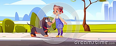 Little girl caress cute dachshund dog on street Vector Illustration