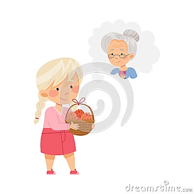 Little Girl Carrying Wicker Basket and Thinking About Her Grandmother Vector Illustration Vector Illustration