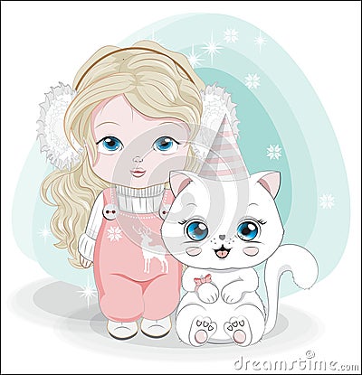 Little girl and cat Happy Birthday Winter Card Vector Illustration