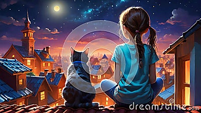 Little girl with cat on the roof looking at a magical moonlit mountain village.?hildhood,children's imagination concept. Stock Photo