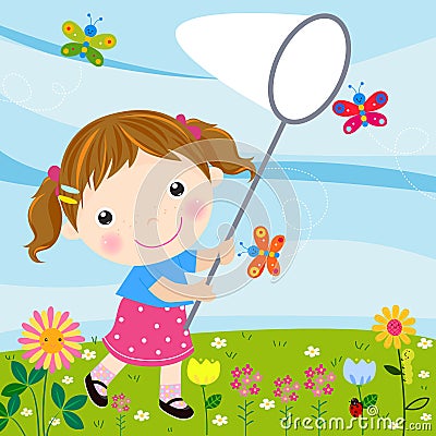 Little girl catching butterflies Vector Illustration