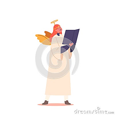 Little Girl Character Dressed As An Angel, Singing Harmoniously In A Choir. Innocent Child Spreading Joy And Melodies Vector Illustration