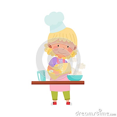 Little Girl Character in Hat and Apron Standing at Kitchen Table and Baking Cake Vector Illustration Vector Illustration